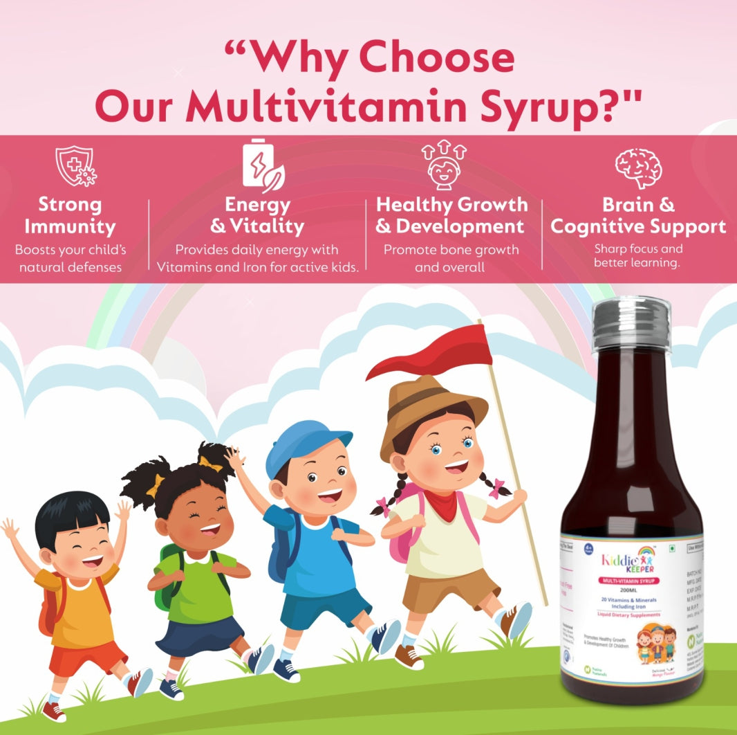 Kiddie Keeper Multivitamin-Multimineral, Iron Syrup for Kids (4+ Years) | Boosts Immunity, Energy & Growth | 200ml | Free Bamboo Toothbrush