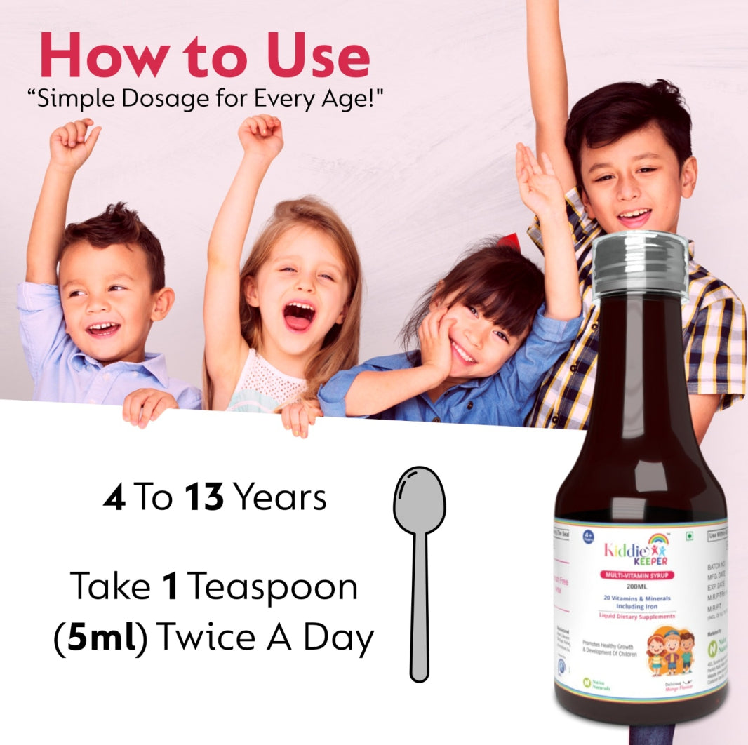 Kiddie Keeper Multivitamin-Multimineral, Iron Syrup for Kids (4+ Years) | Boosts Immunity, Energy & Growth | 200ml | Free Bamboo Toothbrush