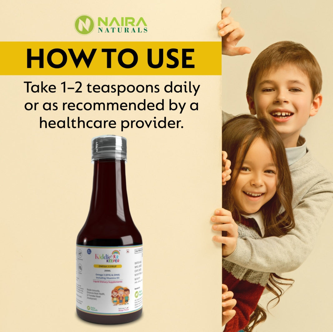 Kiddie Keeper Omega-3 Syrup for Kids (4+ Years) | Brain, Heart & Vision Support | EPA & DHA Rich Formula | 200ml | Free Bamboo Toothbrush