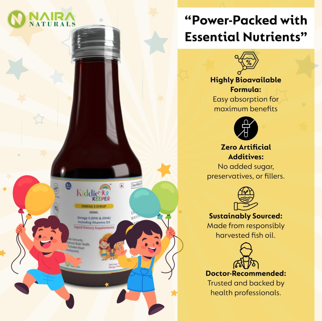 Kiddie Keeper Omega-3 Syrup for Kids (4+ Years) | Brain, Heart & Vision Support | EPA & DHA Rich Formula | 200ml | Free Bamboo Toothbrush