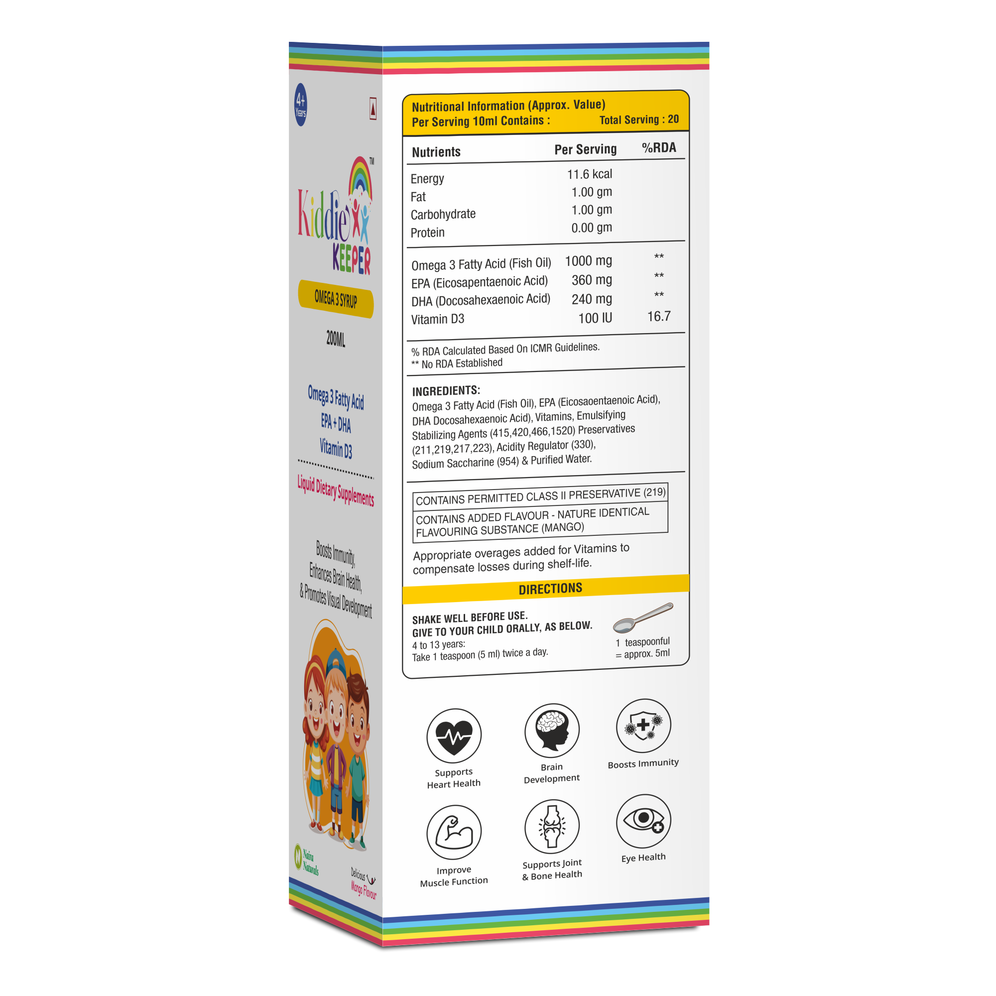 Kiddie Keeper Omega-3 Syrup for Kids (4+ Years) | Brain, Heart & Vision Support | EPA & DHA Rich Formula | 200ml | Free Bamboo Toothbrush