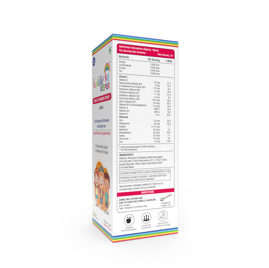 Kiddie Keeper Multivitamin-Multimineral, Iron Syrup for Kids (4+ Years) | Boosts Immunity, Energy & Growth | 200ml | Free Bamboo Toothbrush